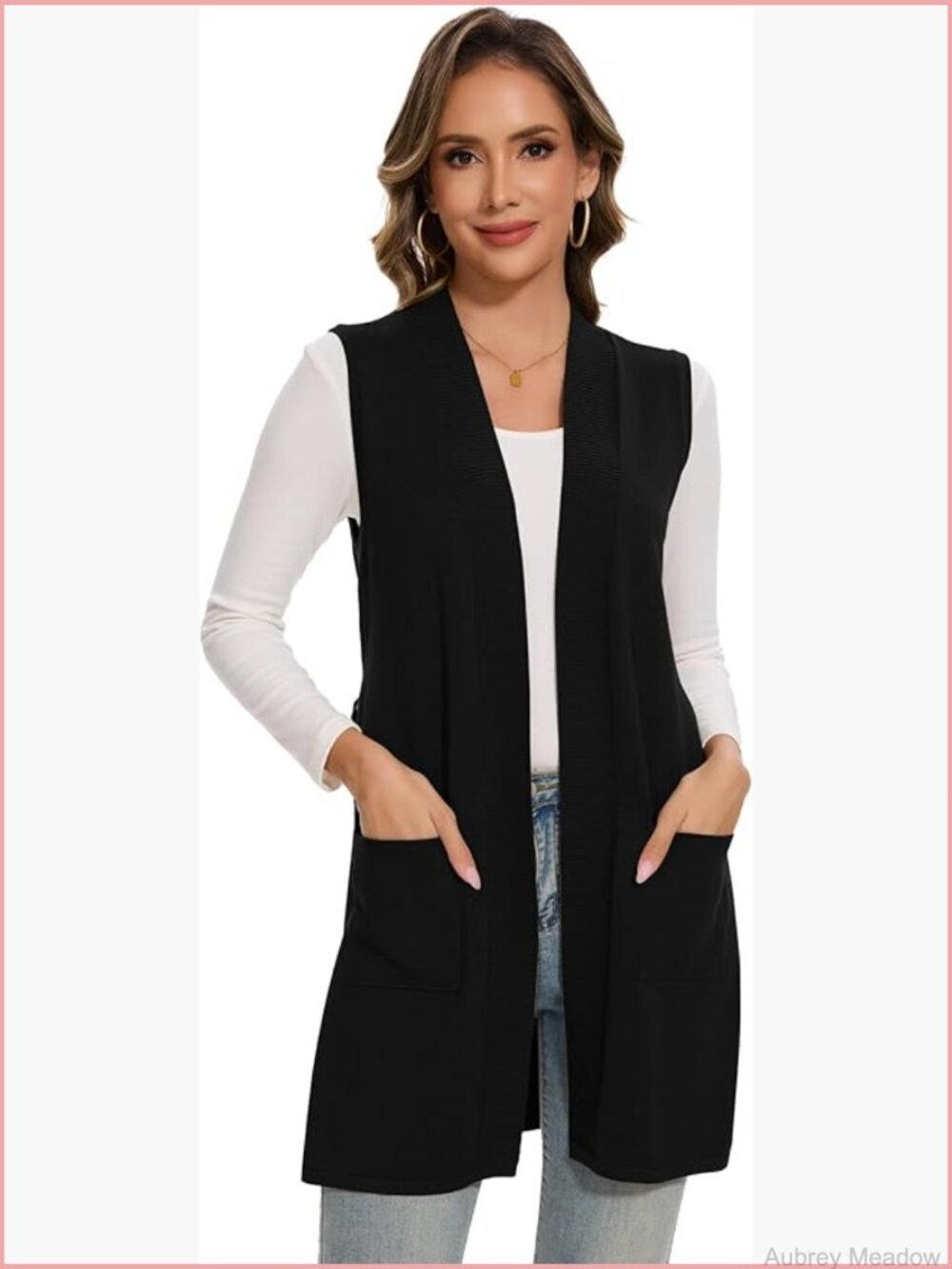 Long Sleeveless Cardigan Vest with Belt and Pockets Open Front Knit Outwear